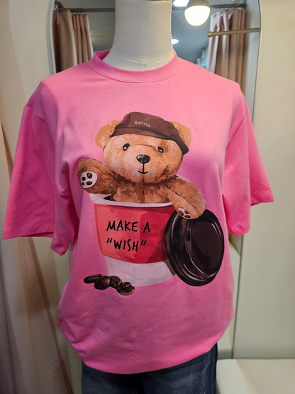 Coffee Bear Graphic Tee- Pink